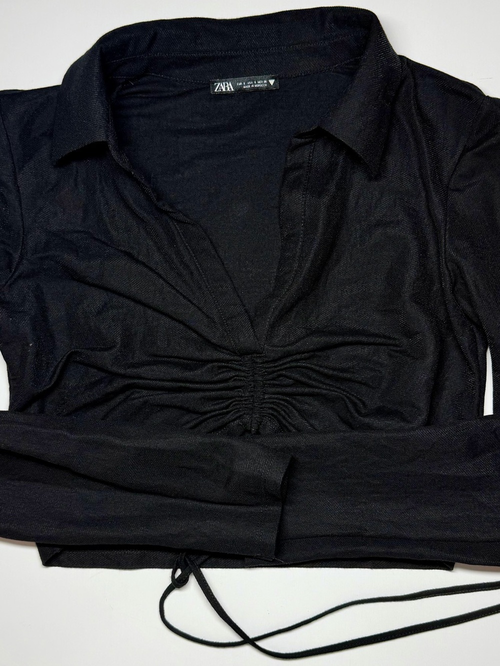 ZARA Black Ruched Drawstring V‑Neck Collared Crop Top Small